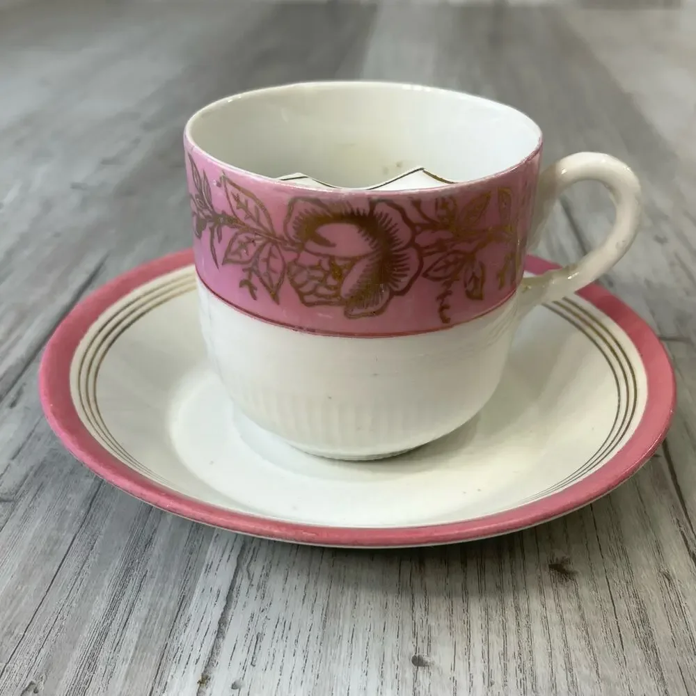 Vintage White Pink Floral Accent Gold Trim Mustache Guard Mug Cup Decor
